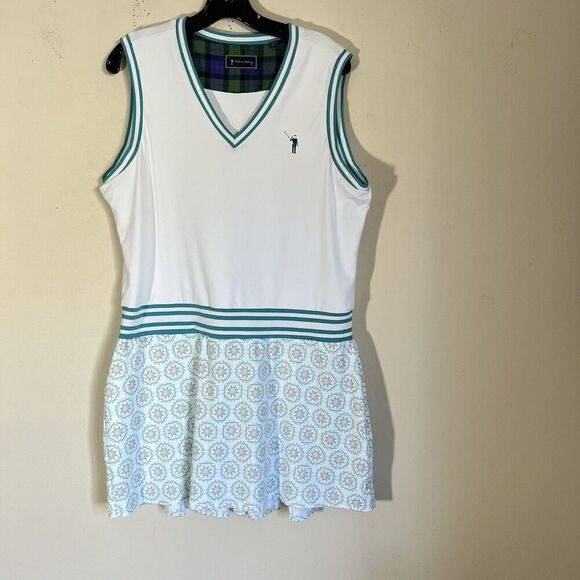 William Murray Women's V Neck Golf Dress Size XL Zip Pockets White Printed - Picture 1 of 6